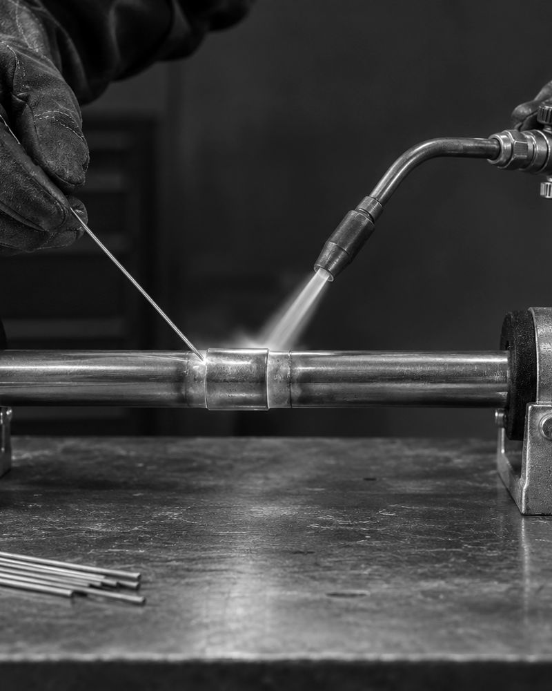 AI-generated illustration of gloved hands brazing a copper refrigeration line on a steel bench