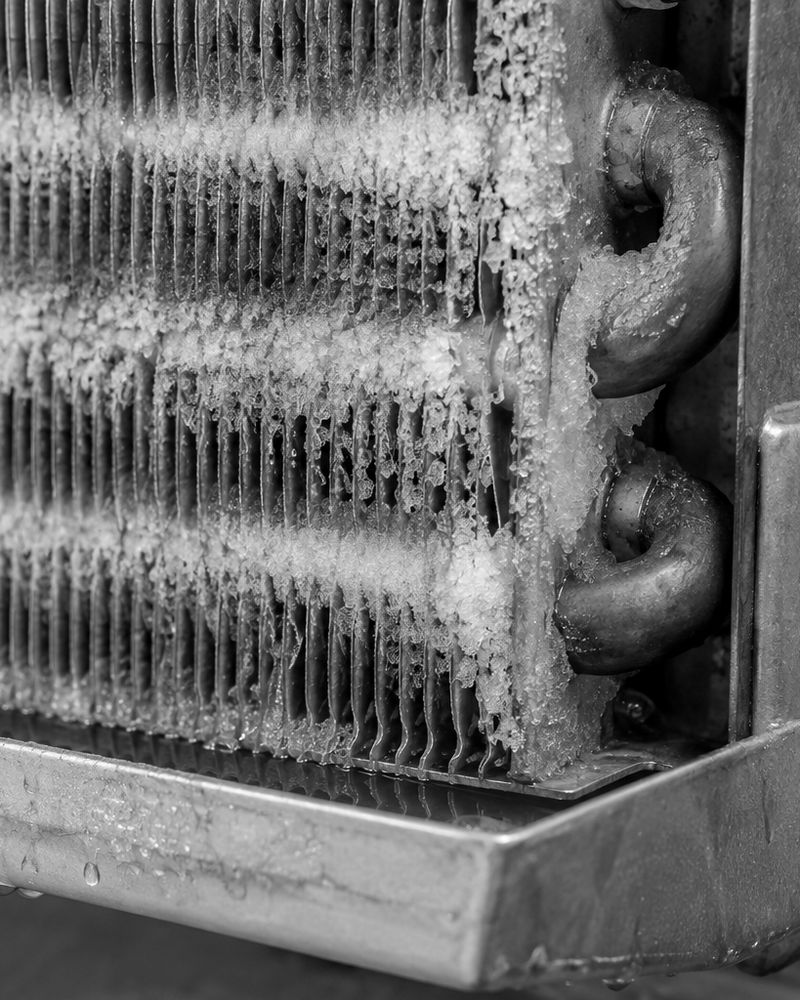 AI-generated illustration of frost on an evaporator coil with copper return bends above a drain pan