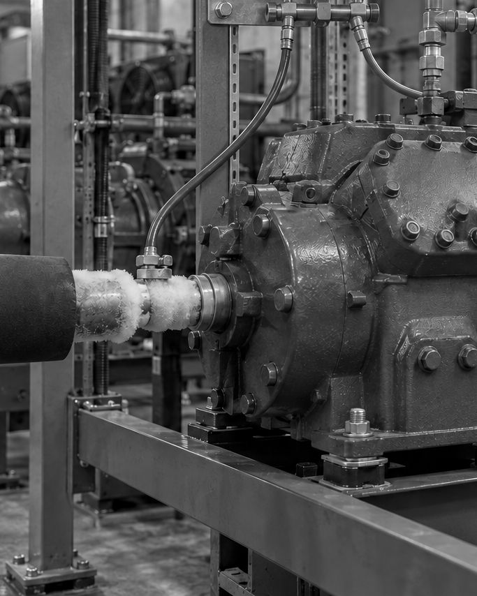 AI-generated illustration of a semi-hermetic compressor bolted to a rack frame, frost on its suction connection