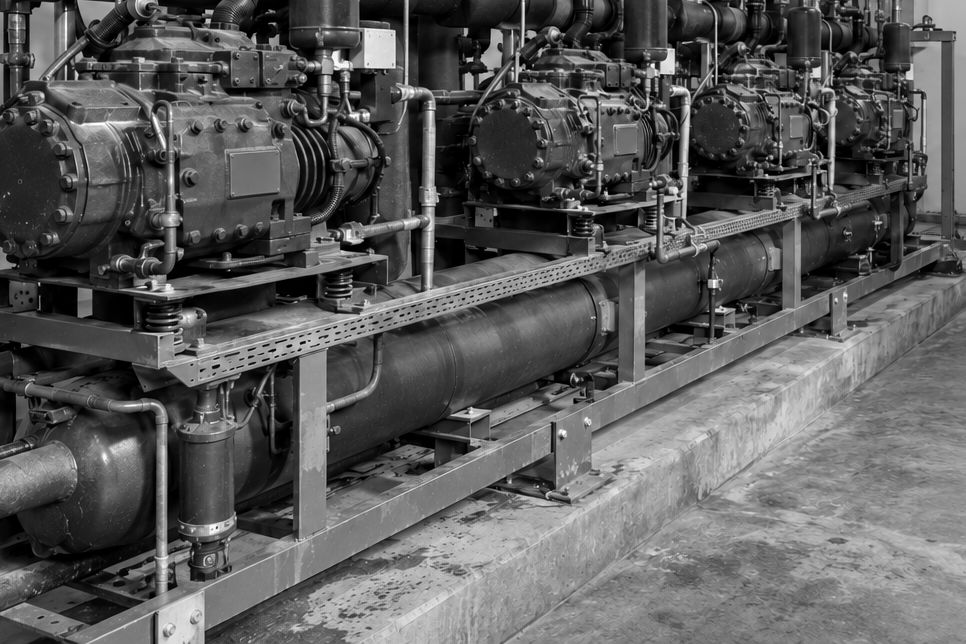 AI-generated illustration of a parallel rack of four semi-hermetic compressors over the suction header and insulated piping