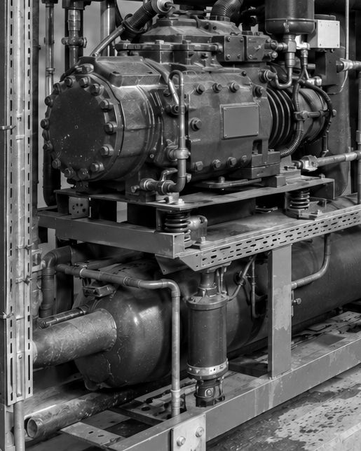 AI-generated illustration of a semi-hermetic compressor on a parallel compressor rack, with the suction header and insulated piping beneath it