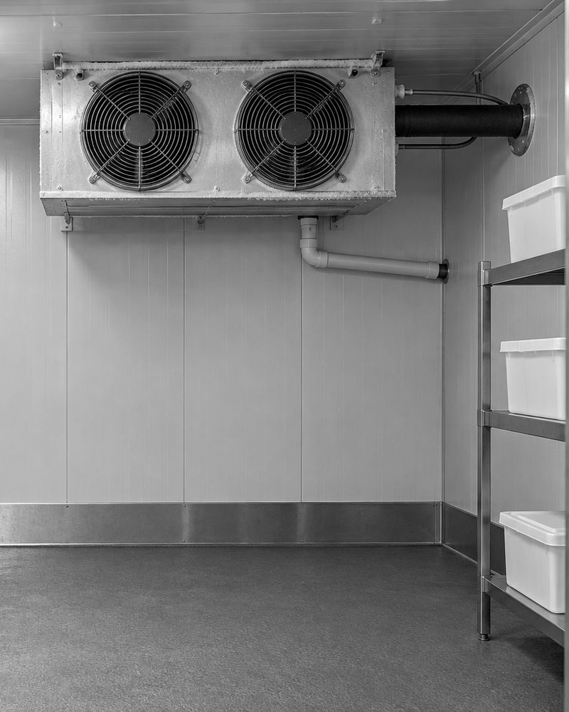 AI-generated illustration of a walk-in cold room with a ceiling-mounted evaporator and shelves of white tubs